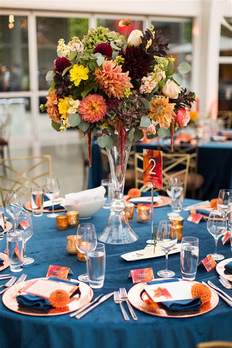 burnt orange table decor|navy blue burnt orange wedding.